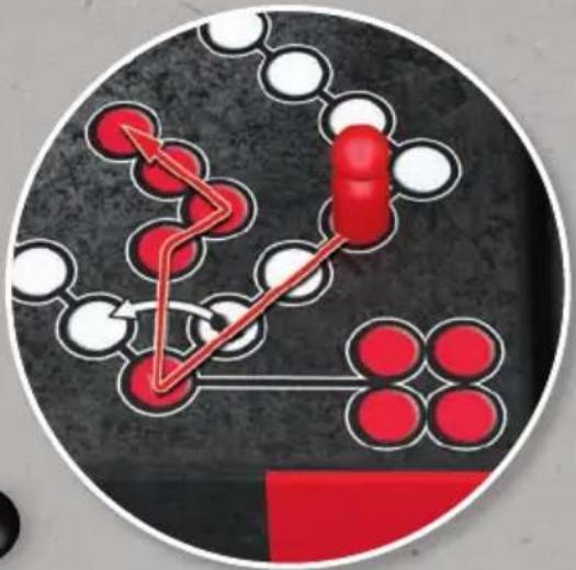 Molecular structure diagram showing red and white atoms with a red arrow indicating interaction or direction