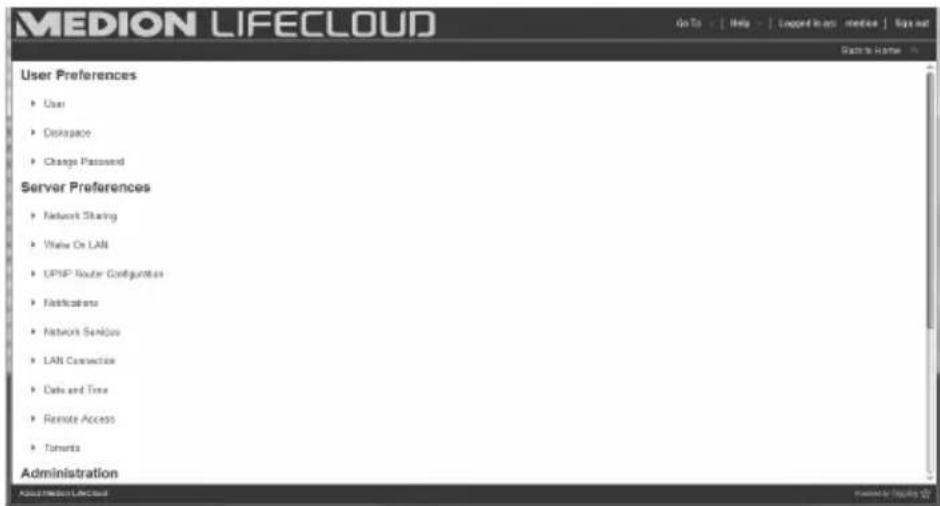 MEDION LIFE CLOUD Go To Help Loaned in an medics | Sign out Start to Home User Preferences • User • Diskspace • Change Password Server Preferences • Network Sharing • Write On LAN • UPSP Router Configurations • Notifications • Network Services • LAN Connection • Data and Time • Remote Access • Toments Administration