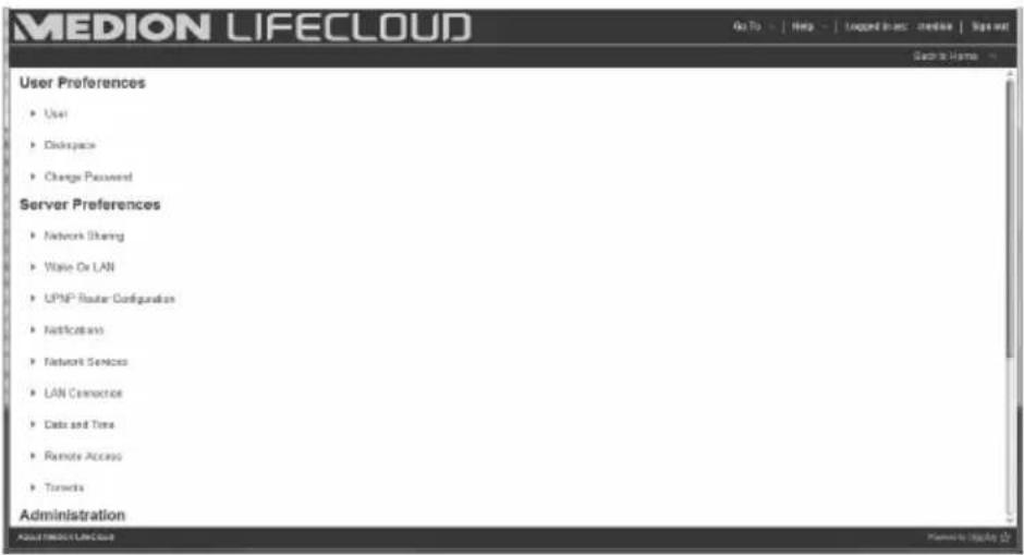 MEDION LIFE CLOUD Go To Help Lugged to use create | Sign out User Preferences • User • Displace • Change Password Server Preferences • Network Sharing • Write Or LAN • UPMP Router Configuration • Notifications • Network Services • LAN Connection • Data and Time • Remote Access • Torsets Administrati…