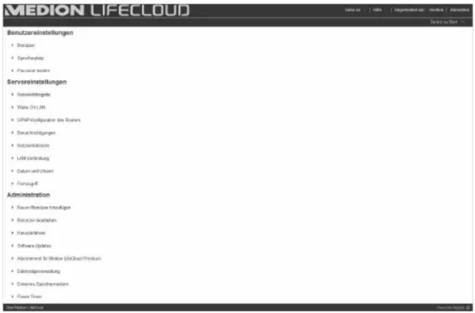 MEDION LIFE CLOUD Benutzereinstellungen • Benutzer • Speichengplatz • Passivat zeichen Serveroinstellungen • Nationalheinigabe • Waite Orl LAN • UMP-Configuration des Routers • Berechnichtigungen • Netzverkässide • LAN-Verbindung • Datum und Umwand • Fennzugs Administration • Newen Benutzer immateris • Benutzer beaufschen • Heussergebnisse • Software Updates • Adjustment für Medioe LifeCloud Premium • Datasetslageransleitung • Externes-Equichenerdien • Power Transfer Berufelder-Liefcoat Verbindlich-Änder