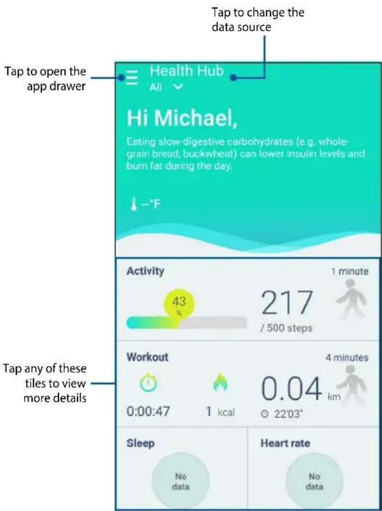 Tap to open the app drawer Tap to change the data source Hi Michael, Eating slow-digestive carbohydrates (e.g. whole-grain bread, buckwheat) can lower insulin levels and burn fat during the day. Activity 43 / 217 / 500 steps 1 minute Workout 0:00:47 1 kcal 0.04 km 4 minutes Sleep No data Heart rate No data Tap any of these tiles to view more details