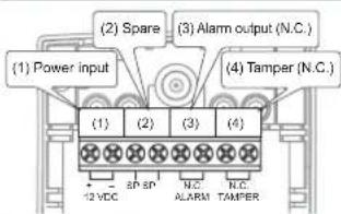 (1) Power input (2) Spare (3) Alarm output (N.C.) (4) Tamper (N.C.) (1) (2) (3) (4) -12 VDC SP SP N.C. ALARM TAMPER