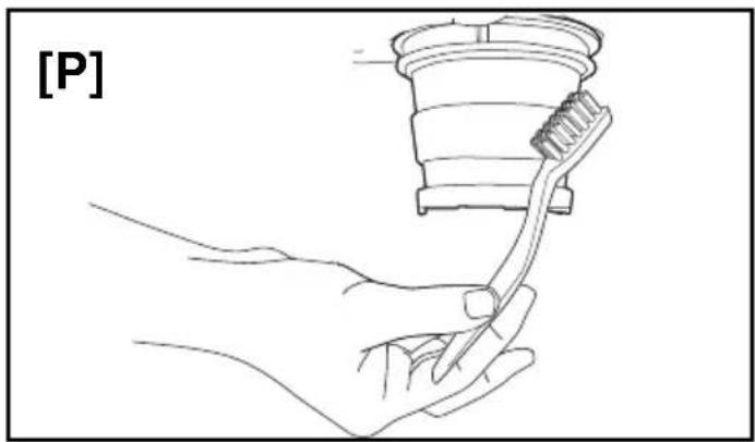 Line drawing of a hand holding a tool next to a cylindrical object, labeled [P] (no text or symbols on the diagram itself)