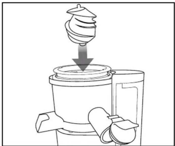Line drawing of a mechanical device with a spiral component and a downward arrow indicating motion (no text or symbols)