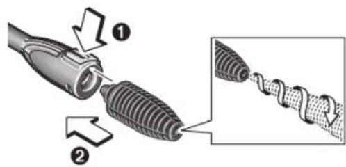 Diagram illustrating a cable connector being inserted into a wire, with labeled parts and directional arrows indicating assembly steps.