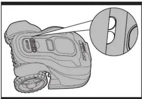 Technical line drawing of a robotic car with a close-up inset showing the blade and wheel (no text or symbols)