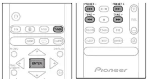CD USB TUNER AUDIO VACSORI MENU DISPLAY TAIN MEMORY ENTER PREFET- 1←4 B=81 TUNE- 2←4 B TUNE+ VOL SOUND PTAGS EQ KLED 1MID 3MID CCK PREFET+ + - VOL Pioneer