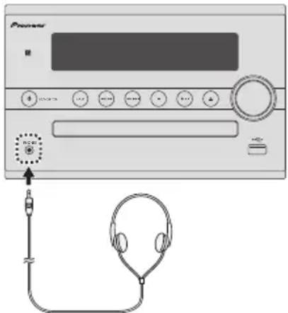 Diagram of a portable electronic device with headphones connected to a speaker, showing control buttons and display screen.