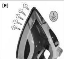 Close-up of a steam iron with decorative sparkles and a small circular icon (no text or symbols)