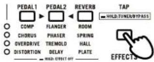PEDAL1 COMP CHORUS OVERDRIVE DISTORTION PEDAL2 FLANGER PHASER TREMOLD DELAY REVERB ROOM SPRING HALL PLATE TAP WILD-TUNER/BYPASS EFFECTS