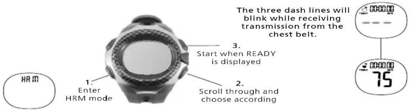 The three dash lines will blink while receiving transmission from the chest belt. 1. Enter HRM mode 2. Scroll through and choose according 3. Start when READY is displayed 4. 00:00:00 75