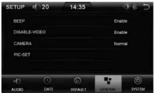 BEEP DISABLE-VIDEO CAMERA PIC-SET Enable Enable Normal AUDIO DATE DEFAULT GENERAL SYSTEM