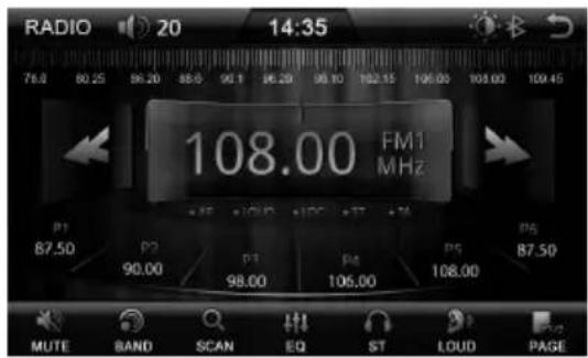 RADIO 20 14:35 76.0 80.25 86.20 88.6 90.1 96.20 98.10 102.15 106.00 108.00 109.45 108.00 FM1 MHz P1 87.50 P2 90.00 P3 98.00 Ps 106.00 Ps 108.00 PS 87.50 MUTE BAND SCAN EQ ST LOUD PAGE