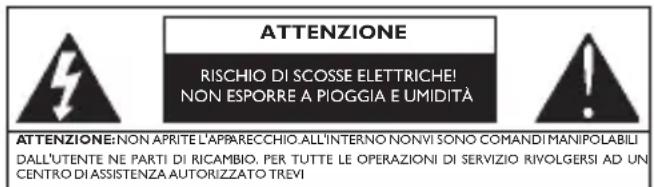 ATTENZIONE RISCHIO DI SCOSSE ELETTRICHE! NON ESPORRE A PIOGGIA E UMIDITÀ ATTENZIONE:NON APRITE L'APPARECCHIO.ALL'INTERNO NONVI SONO COMANDI MANIPOLABILI DALL'UTENTE NE PARTI DI RICAMBIO. PER TUTTE LE OPERAZIONI DI SERVIZIO RIVOLGERSI AD UN CENTRO DI ASSISTENZA AUTORIZZATO TREVI