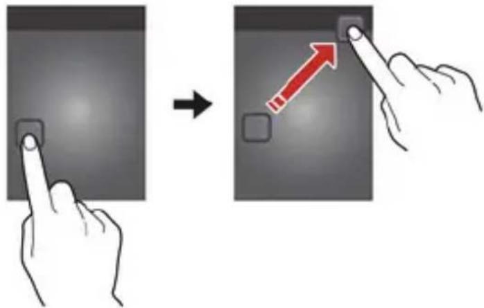Diagram illustrating finger movement and highlighting process on a device, showing change from square button to red arrow icon