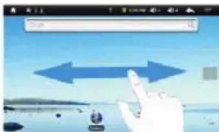 Mobile app interface screenshot showing a hand pointing at a blue double-headed arrow over a beach background