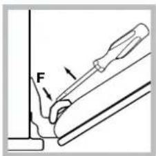 Technical diagram showing a tool interacting with a mechanical component labeled 'F'