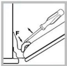 Technical diagram showing a mechanical assembly with labeled force F and directional arrow