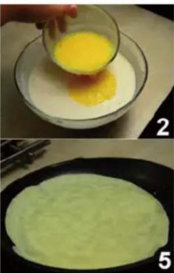 Two-step cooking process: top shows egg drop in bowl with liquid, bottom shows green batter being cooked in frying pan (no text or symbols)