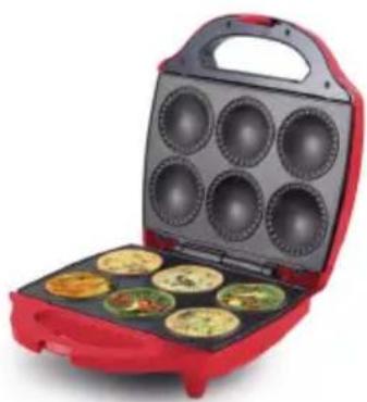 Red silicone baking mold with eight circular cavities filled with food items (no text or symbols visible)