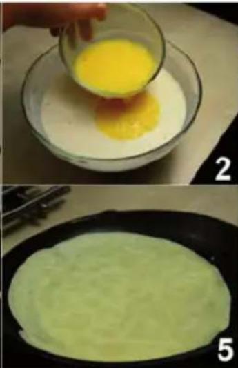 Two-step cooking process: top shows egg drop in bowl with liquid, bottom shows green batter being cooked in frying pan (no text or symbols)