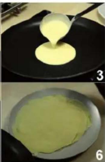 Two-step cooking process: top shows yellow batter being poured into a black pan, bottom shows green batter being filled in a pan (no text or symbols visible)