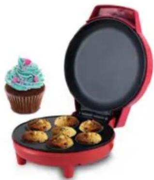 Red silicone baking pan with open lid and cupcake on side (no text or symbols visible)