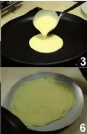 Two-step cooking process: top shows yellow batter being poured into a black pan, bottom shows green batter being filled in a pan (no text or symbols visible)