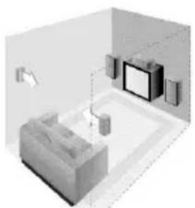 Isometric view of a living room interior with sofa, TV, and wall-mounted appliances (no text or symbols)