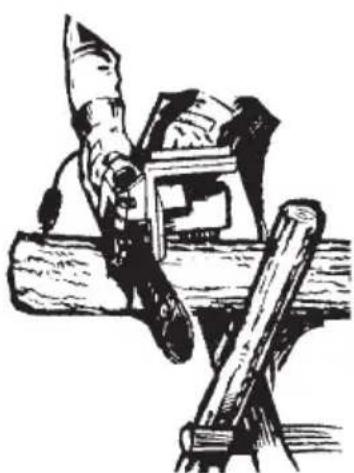 Illustration of a wooden saw cutting through a wooden frame with a knife inserted (no text or symbols)