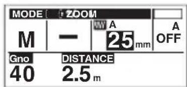 MODE ZOOM M — 25 mm A OFF Gno DISTANCE 40 2.5 m