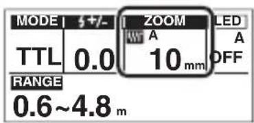 MODE | $+/- | ZOOM LED TTL 0.0 A A 10 mm OFF RANGE 0.6~4.8 m