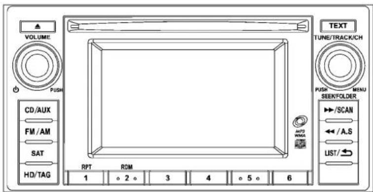 VOLUME PUSH CD/AUX FM/AM SAT HD/TAG RPT ROM 1 2 3 4 5 6 TEXT TUNE/TRACK/CH PUSH MENU SEEK/FOLDER ▶/SCAN ←/A.S LIST/