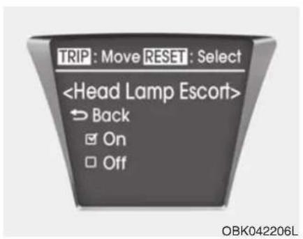 TRIP : déplacer, RESET : sélectionner. Flèche retour. ✓ Activé, □ Désactivé.