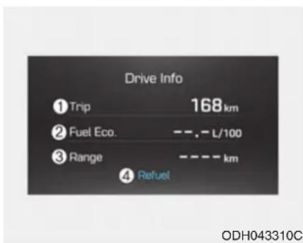 Drive Info ① Trip 168 km ② Fuel Eco. ---, - L/100 ③ Range ---- km ④ Refuel ODH043310C
