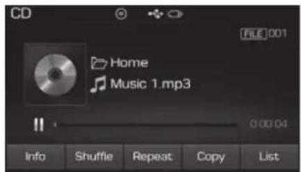 CD FILE 001 Home Music 1.mp3 0:00:04 Info Shuffle Repeat Copy List