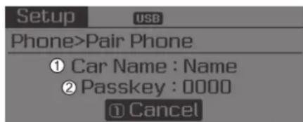 Setup USB Phone>Pair Phone ① Car Name : Name ② Passkey : 0000 ① Cancel