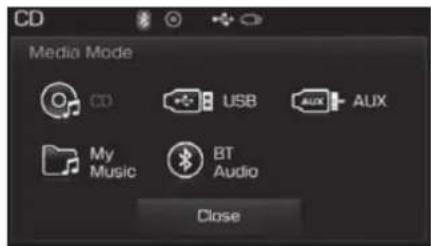 CD Media Mode CD USB AUX AUX My Music BT Audio Close