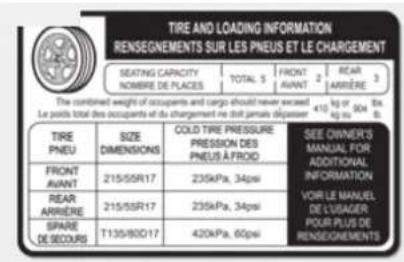 TIRE AND LOADING INFORMATION RENSEGNEMENTS SUR LES PNEUS ET LE CHARGEMENT SEATING CAPACITY NOMBRE DE PLACES TOTAL 5 FRONT AVANT 2 REAR ARRÈRE 3 The combined weight of occupants and cargo should never exceed 410 kg of 904.3in. Le poids total des occupants et du chargement ne doit jamais d'apérer TIRE PNEU SIZE DIMENSIONS COLD TIRE PRESSURE PRESSION DES PNEUS À FROID SEE OWNER'S MANUAL FOR ADDITIONAL INFORMATION REAR ARRÈRE 215/55R17 235kPa, 34psi VOIR LE MANUEL DE L'UGADER POUR PLUS DE RENSEGNEMENTS SPARE DE SECOURS T135/B0D17 420kPa, 60psi