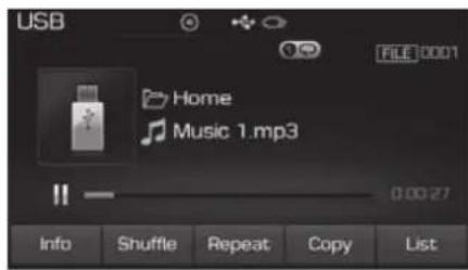 USB FILE 0001 Home Music 1.mp3 0:00:27 Info Shuffle Repeat Copy List