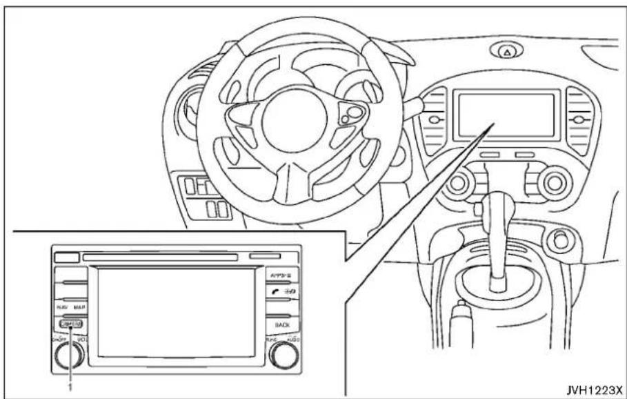 Diagram of a car dashboard with control panel and navigation interface, showing steering wheel, infotainment screen, and JVH1223X branding.