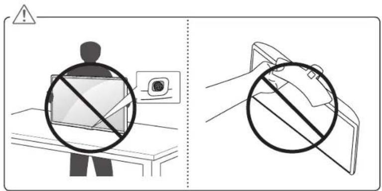 Safety warning illustration showing a person using a device with a 'No' symbol crossed out, alongside a hand holding a device.