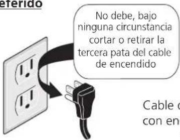 No debe, bajo ninguna circunstancia cortar o retirar la tercera pata del cable de encendido Cable o con en
