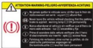 ATTENTION-WARNING-PELIGRO-AVVERTENZA-ACHTUNG No person quutter le vitticale sans venter que le from de vallentreerant est surré - want [12] alloué fixe Never loved the vehicle without checking that the parking brake is applied - warning lamp [13] ON permanently Nurcia abandonar al vitticale sin verfügbar que all hera de nursi veil activador - lat [14] encendida y [15] Prima di scendenere dalla vittare verifugare che I've had di elettonamento via inverter - spia [16] accessa fissa Farruoso mie verlossen, ohne vorner zu prüfen, ob die aztrechte parkinsoniae angemens lat. Die koinmide urite [17] laufner donne permanent