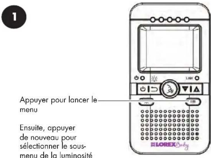 1 Appuyer pour lancer le menu Ensuite, appuyer de nouveau pour sélectionner le sous- menu de la luminosité