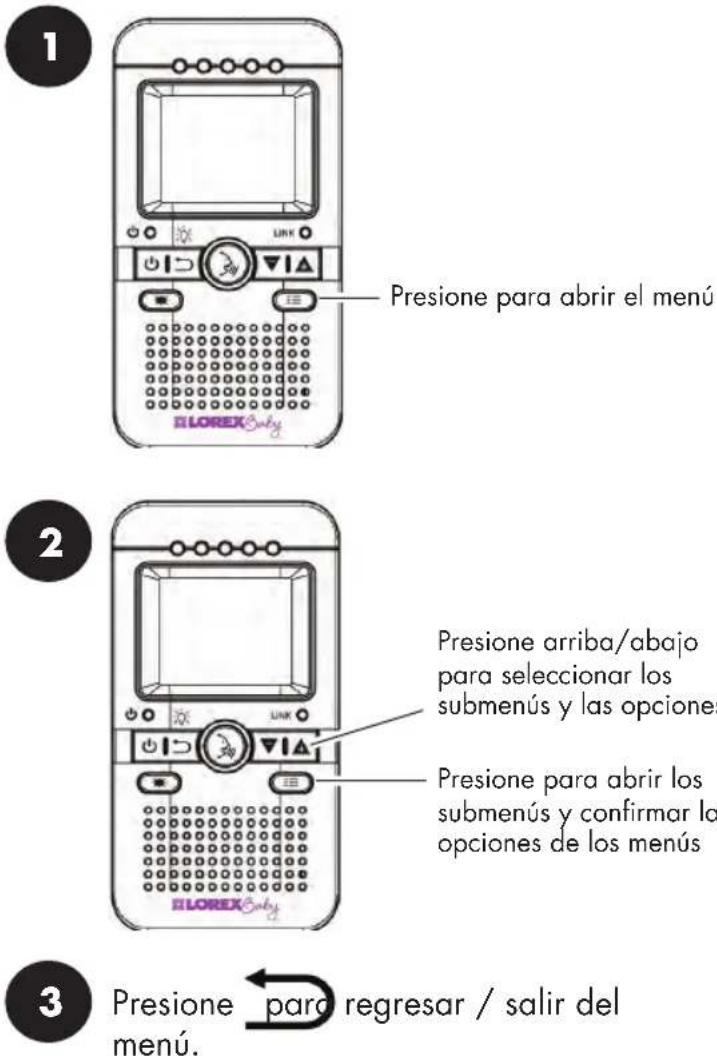 Presione para abrir el menú Presione arriba/abajo para seleccionar los submenús y las opciones Presione para abrir los submenús y confirmar las opciones de los menús Presione para regresar / salir del menú.