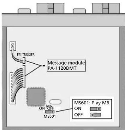 graph TD A["FM TRIGGER"] --> B["Message module PA-1120DMT"] B --> C["MS601: Play M6"] C --> D["ON OFF"] C --> E["MS601 ON OFF"]