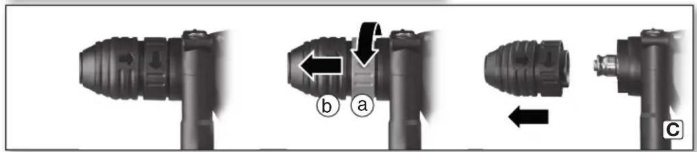 Diagram showing three stages of a mechanical component with labeled arrows (a, b) indicating process flow or assembly steps.