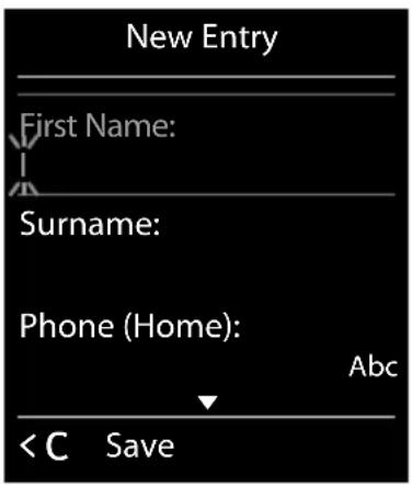 New Entry First Name: Surname: Phone (Home): Abc < C Save