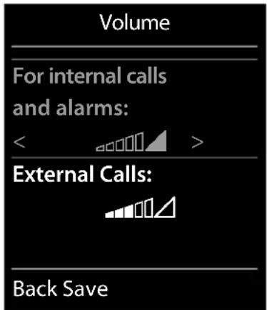 Volume For internal calls and alarms: < External Calls: Back Save